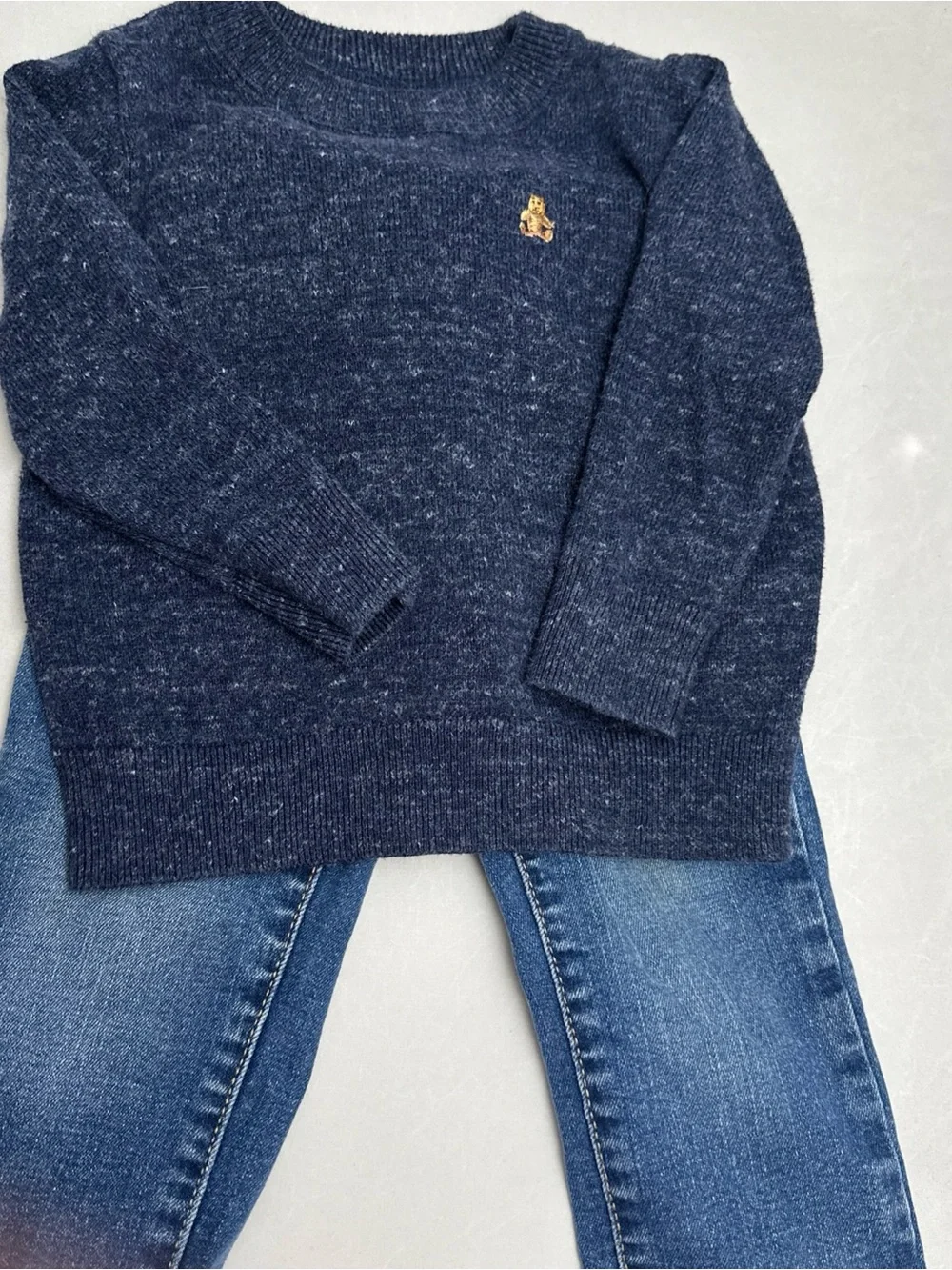 GAP Navy Knit Sweater with Bear Patch With Medium Denim Jeans Matching Baby GAP